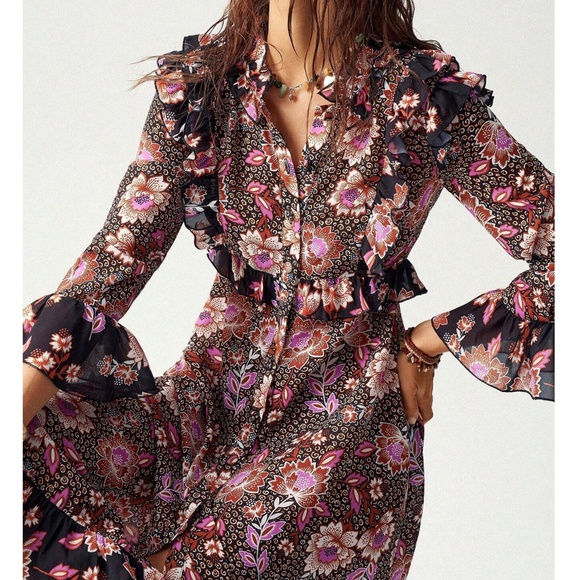 Boho Floral Print Ruffle Detail Button 3/4 sleeve Dress - Picture 5 of 7